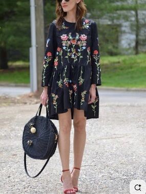 Philosophy Black Floral Embroidered Long-Sleeve Mini Dress